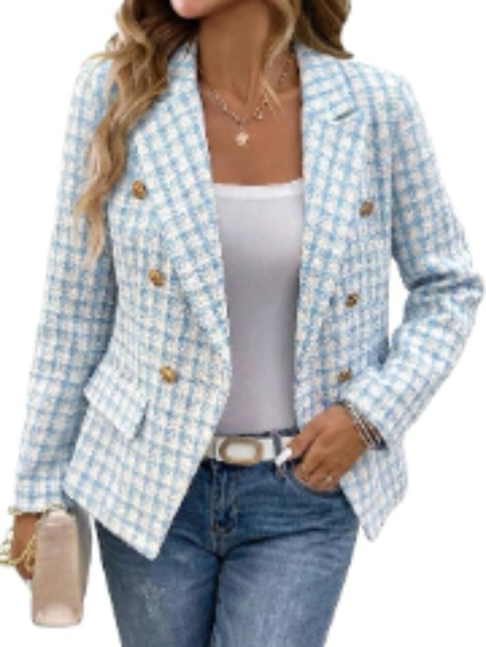 Polyester Tweed Double-Breasted Blazer Fully Lined Slim Fit Work Casual